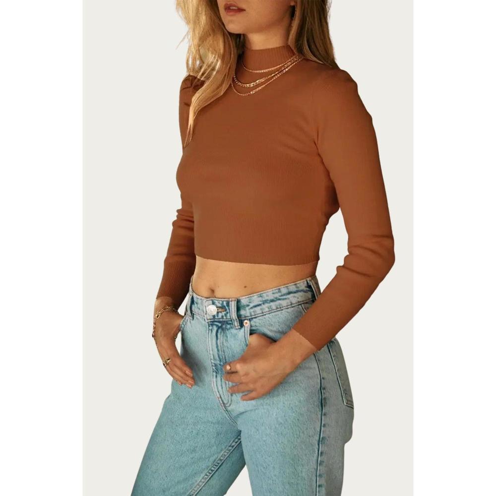 NEW ENDLESS BLU. cropped open-back mock neck sweater in amber brown